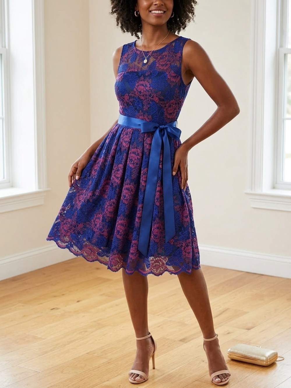 Wedtrend Royal Blue & Magenta Floral Lace Cocktail Dress with Sash - Size Small